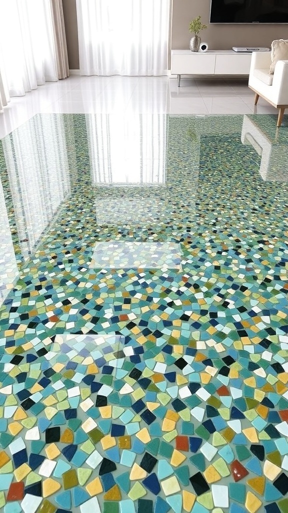 Decorative floor with colorful chips in epoxy, showcasing a modern design.